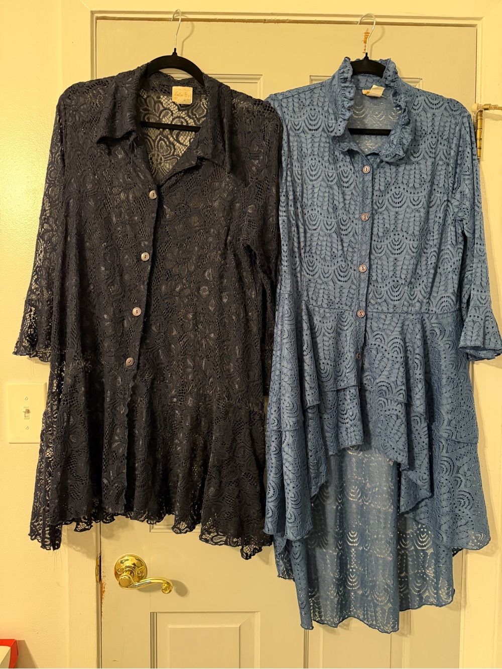 Lace Button-Front Tunic Top — Navy and Light Blue